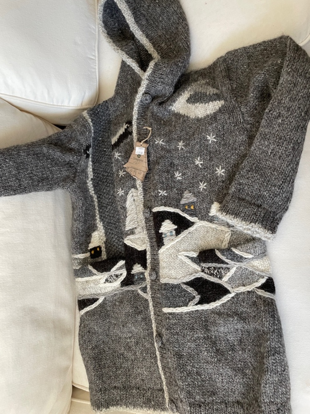 Handmade Gray Hooded Wool Cardigan with Snowy Village Motif